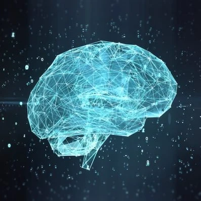 Neon blue string depiction of a brain against a dark blue background.