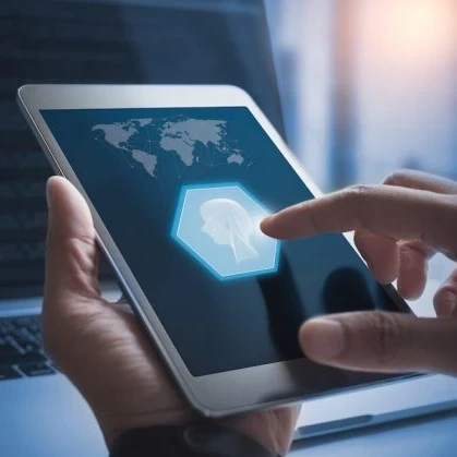 person using a tablet featuring a person sketch showing artificial intelligence