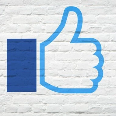Thumbs up emoji in Facebook branding against a white brick wall