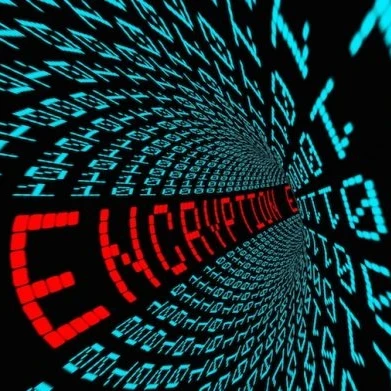 Binary code written in blue with the word 'encryption' in red