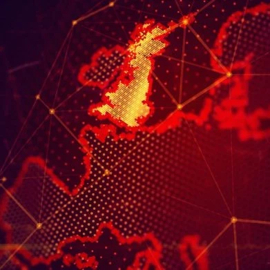 Map of the world in red showing UK lit up in yellow