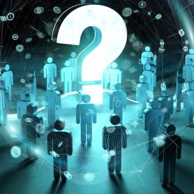figures of people looking at a large question mark showing confusion