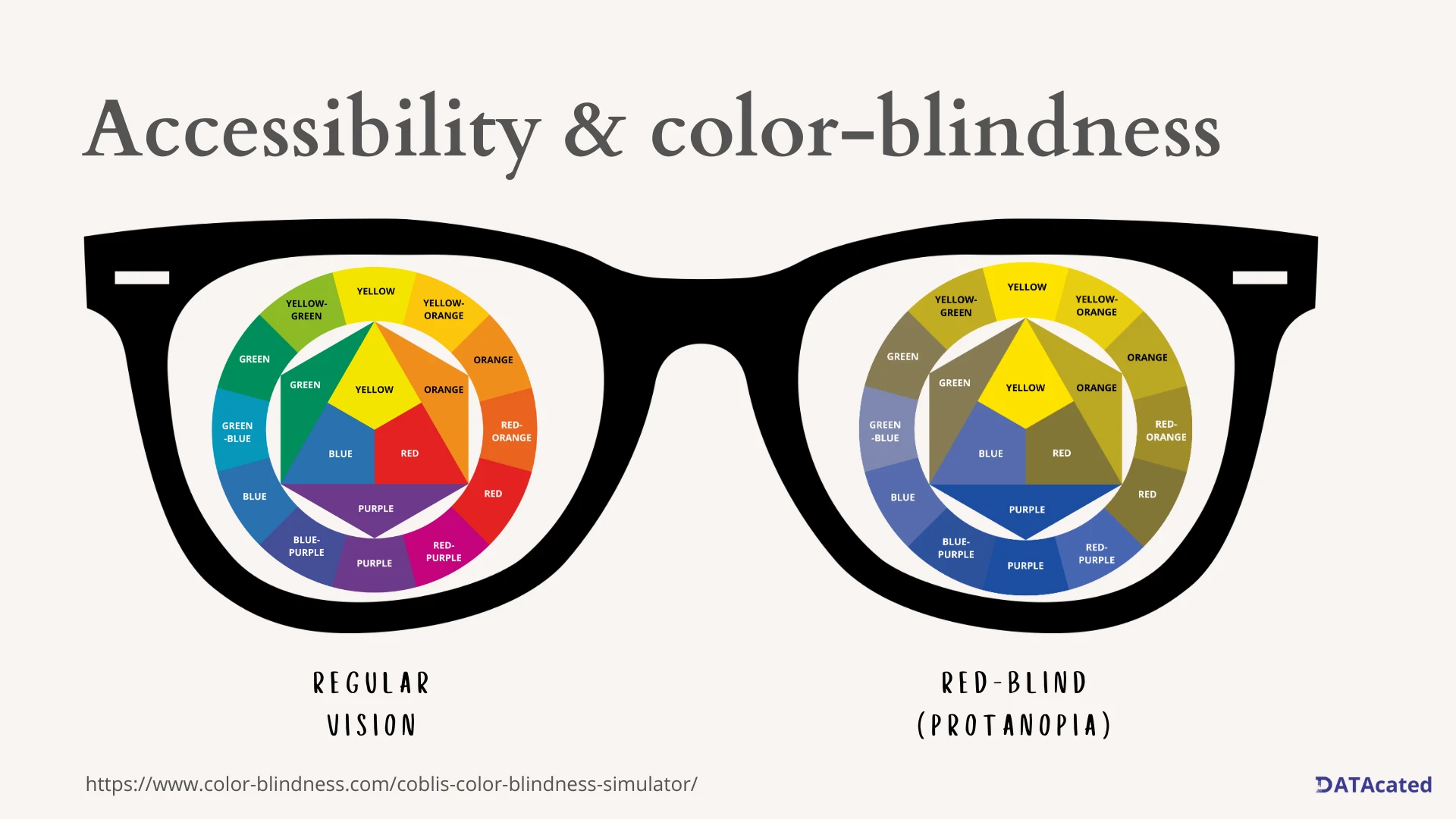 Glasses that show how colors are perceived with regular vision, compared with red-blind color vision deficiency