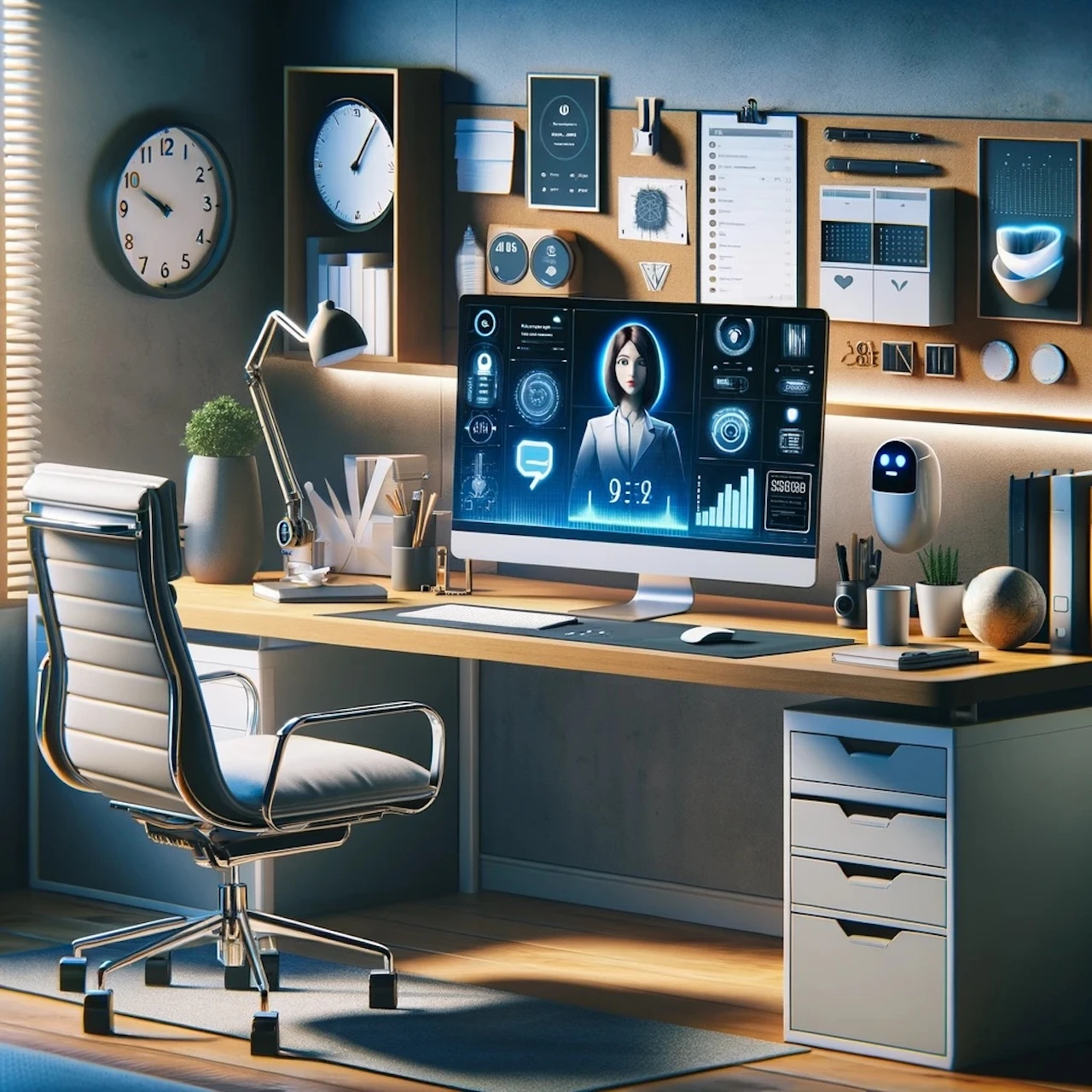home office desk and chair with computer screen displaying a virtual assistant