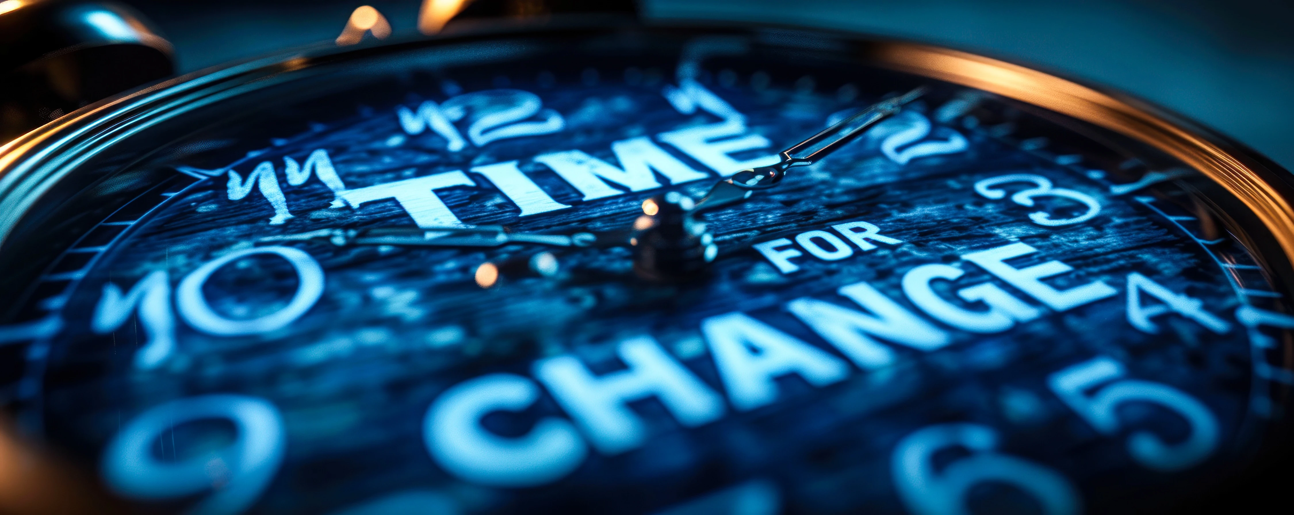 Blue clock face with the words "Time for change"