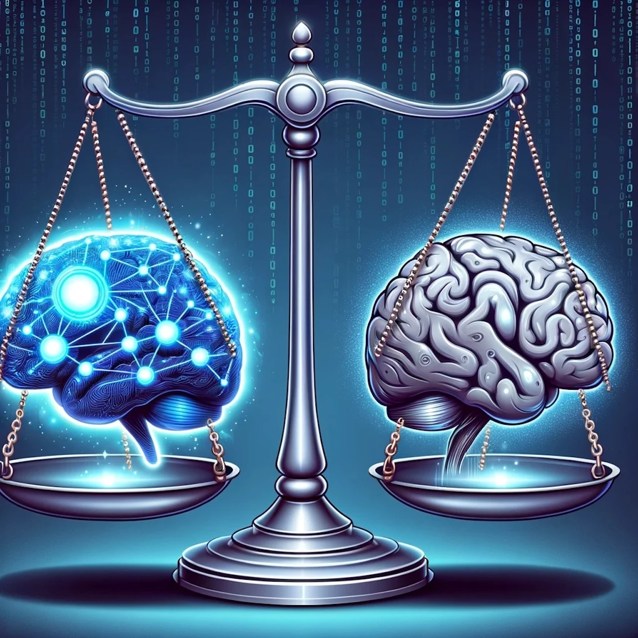 scales of justice with open source brain balanced with proprietary brain 