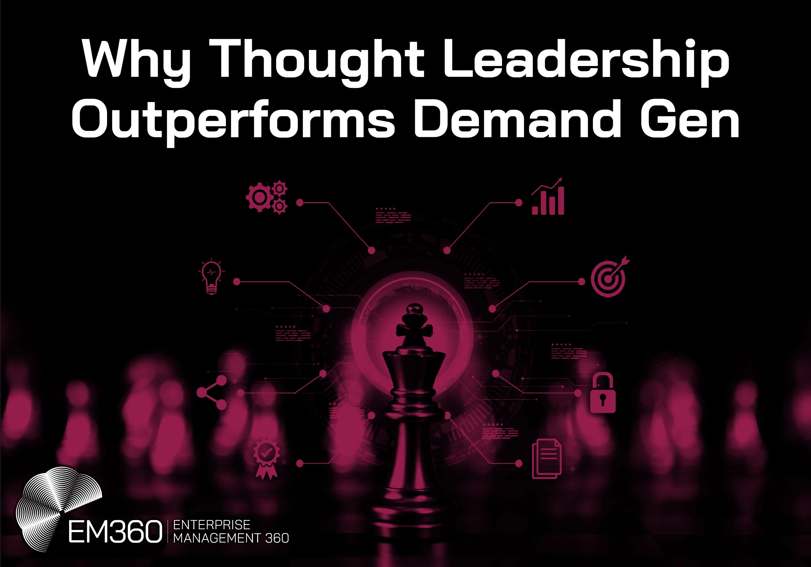 Header image with the title &ldquo;Why Thought Leadership Outperforms Demand Gen&rdquo; above a glowing pink chess king piece in the centre of a dark background. Digital icons representing strategy, analytics, security, ideas, and growth radiate outward from the king, with blurred chess pieces behind it. The EM360 | Enterprise Management 360 logo appears in the bottom left corner.