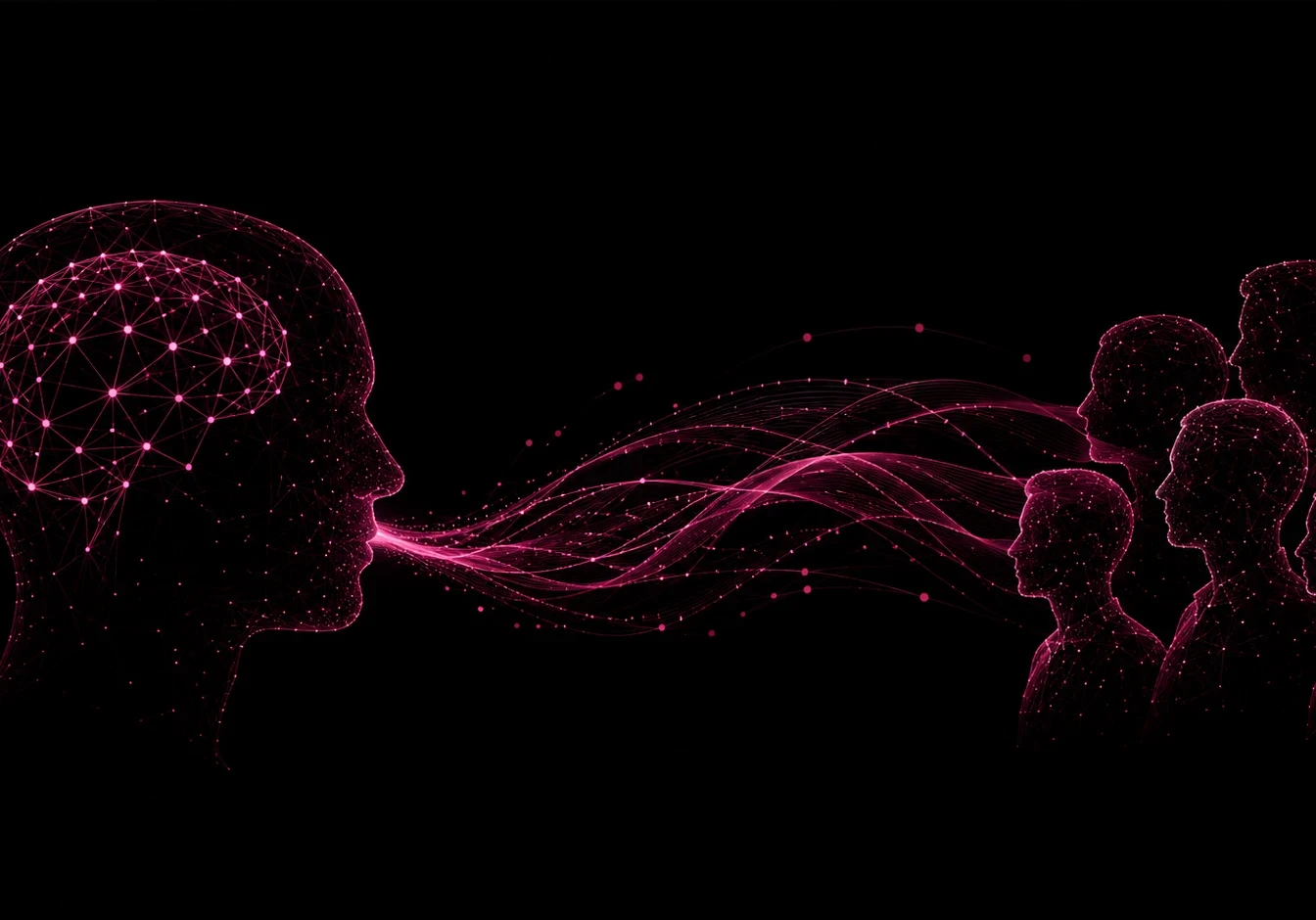 EM360Tech graphic showing a glowing dark-magenta digital head connected by flowing data-like strands to a group of people, representing analyst expertise being shared with and trusted by B2B buyers.