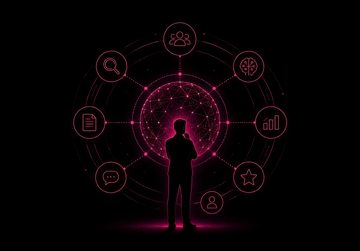  A silhouetted business professional stands before a glowing interconnected digital network surrounded by icons representing AI, search, analytics, documents, communication and collaboration, illustrating how enterprise buyers evaluate multiple information sources before making decisions. The artwork uses deep dark magenta on a black background with the EM360Tech logo in the top-right corner. The on-image text reads: "How Enterprise Buyers Build Decision Confidence".