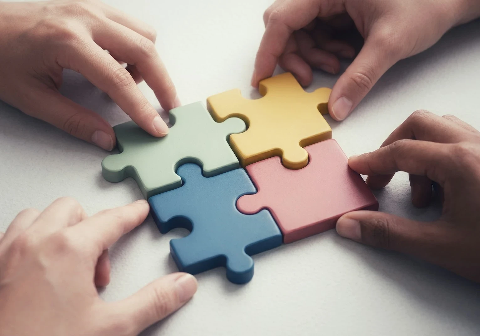 Four hands bringing puzzle pieces together on a white table.