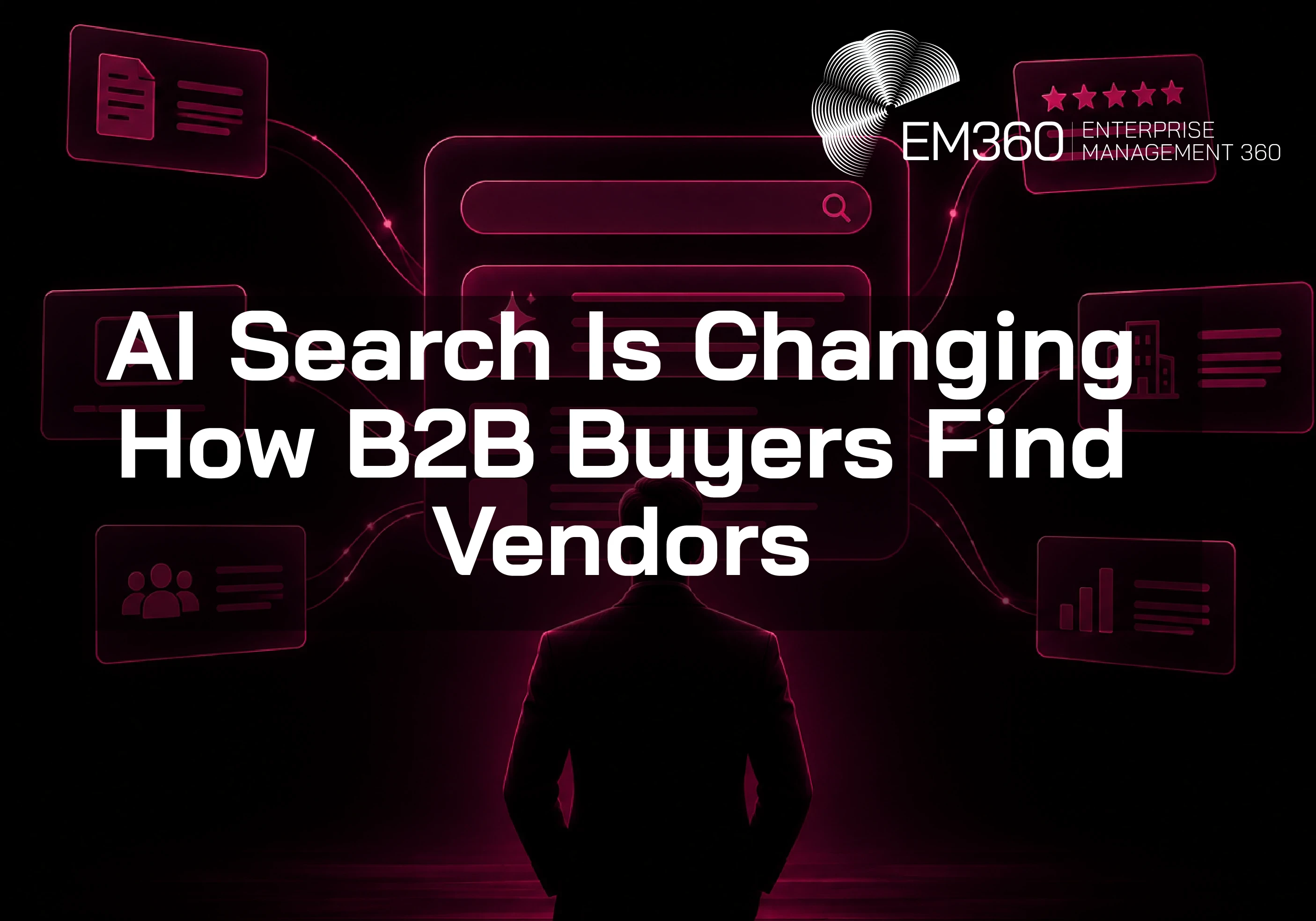 EM360Tech header graphic with the white text &ldquo;AI Search Is Changing How B2B Buyers Find Vendors&rdquo; over a black background, showing a silhouetted businessperson facing a magenta AI search interface connected to content, video, review, company, audience and analytics icons.