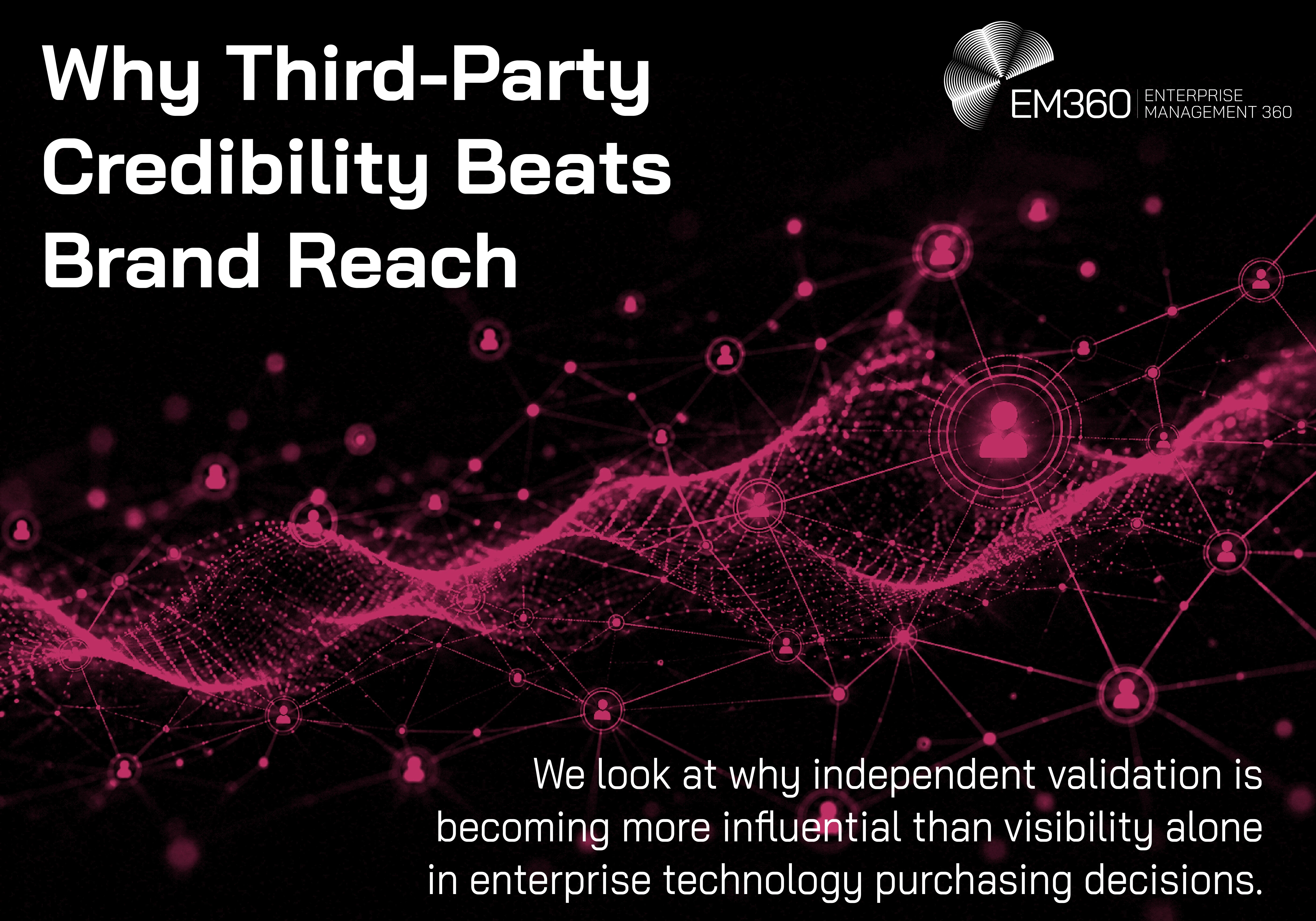 Dark EM360 header image titled &ldquo;Why Third-Party Credibility Beats Brand Reach&rdquo;. A glowing pink digital network connects multiple people icons across an abstract data landscape, representing external voices, relationships and sources of validation surrounding enterprise technology decisions. Supporting text explains that independent validation is becoming more influential than visibility alone in enterprise technology purchasing decisions. The EM360 Enterprise Management 360 logo appears at the top.