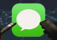 Apple iMessage application is experiencing a surge in phishing attacks. The photo depicts the Apple iMessage icon in background with two people holding iphones in the front. 