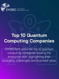 Infographic cover titled ‘Top 10 Quantum Computing Companies’ with EM360Tech branding. Subheading reads: ‘EM360Tech ranks the top 10 quantum computing companies leading the enterprise shift, highlighting their strengths, challenges, and business value.’ The background has a gradient from purple to dark blue with abstract line art of atoms, circuits, and technology icons.